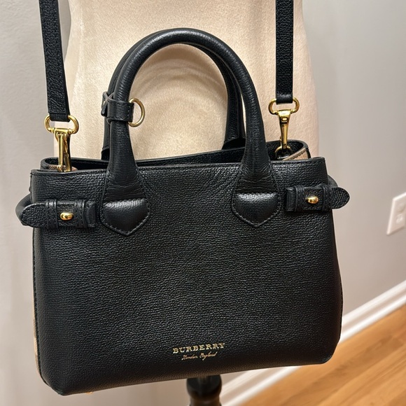 Burberry Black/Beige Leather and House Check Fabric Small Banner Tote - Picture 4 of 11